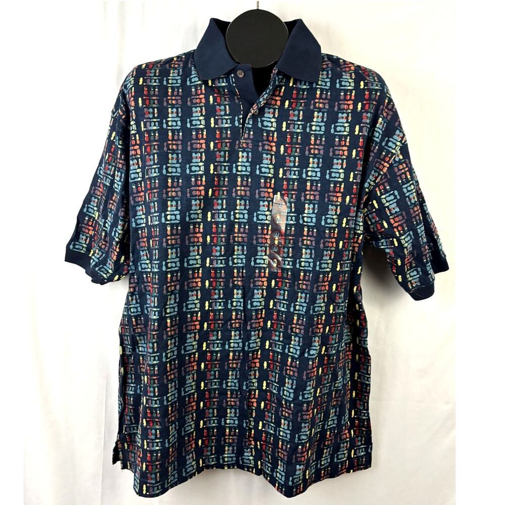 VTG Robert Stock Colorful Geometric Polo Shirt‎ M Short Sleeve Cotton NEW 90s
